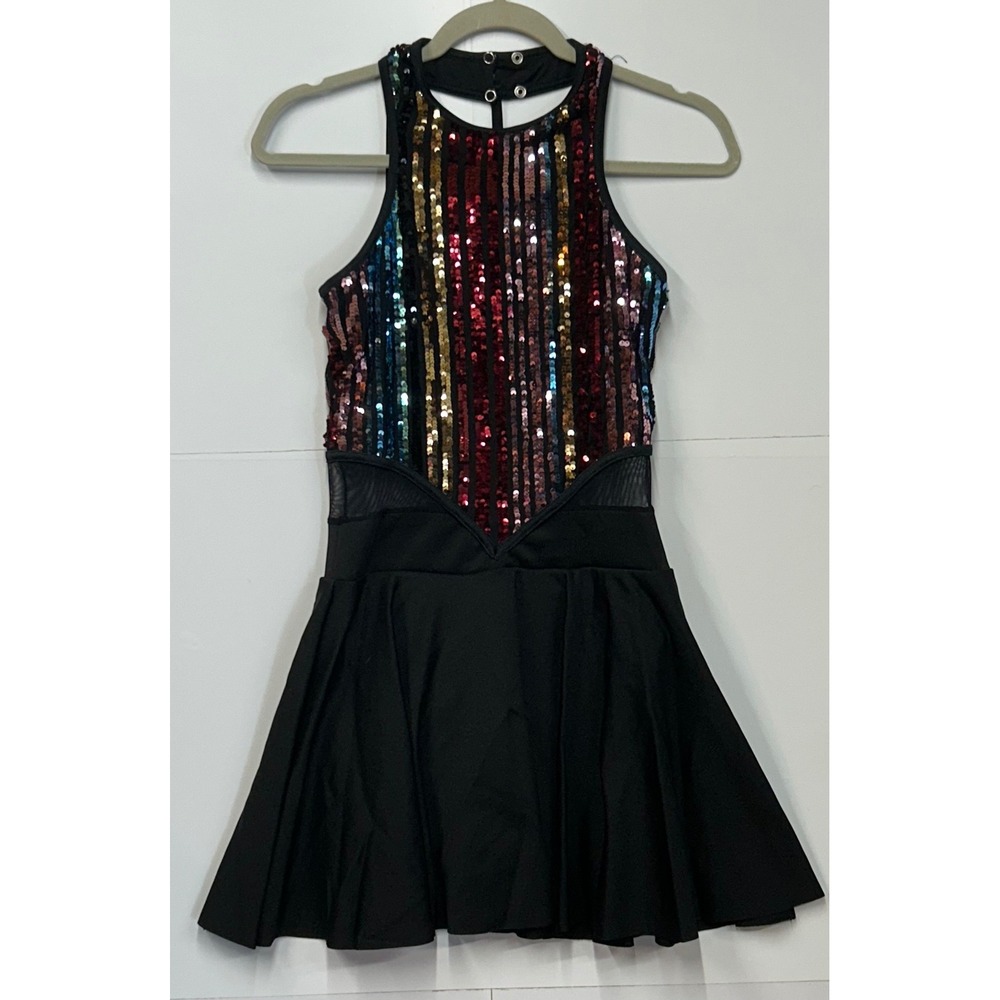 Weissman Rainbow Sequin Dance Costume Black Skirt Halter Neck 11962 Adult Medium